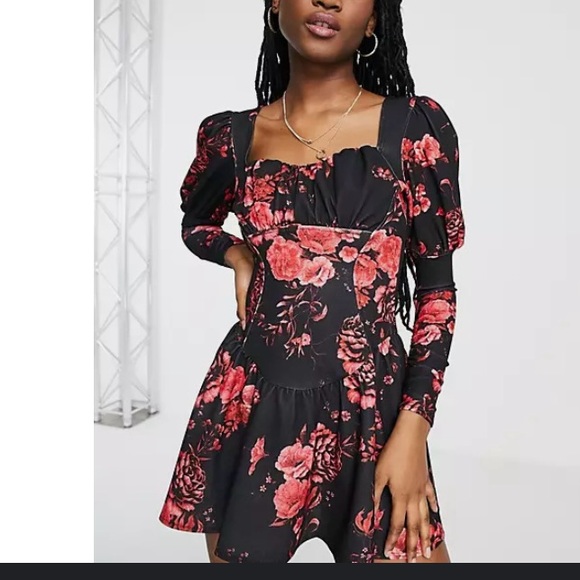 ASOS DESIGN long sleeve flippy mini dress with ruched bust in red floral print - Picture 2 of 8
